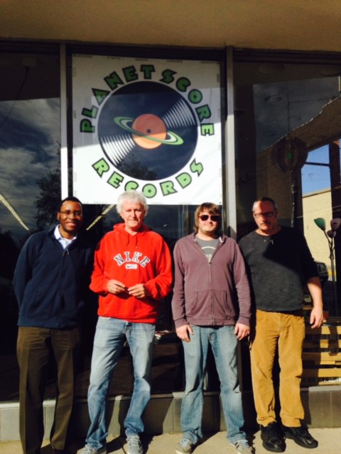 GbV fan Akin, Pollard, Stulce and Lohmann in front of the Planet Score Records sign - PHOTO BY HEATHER WOODSIDE